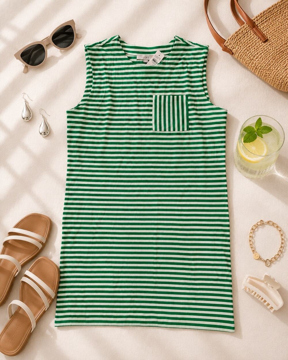 NWT Green & White Striped Sleeveless Dress